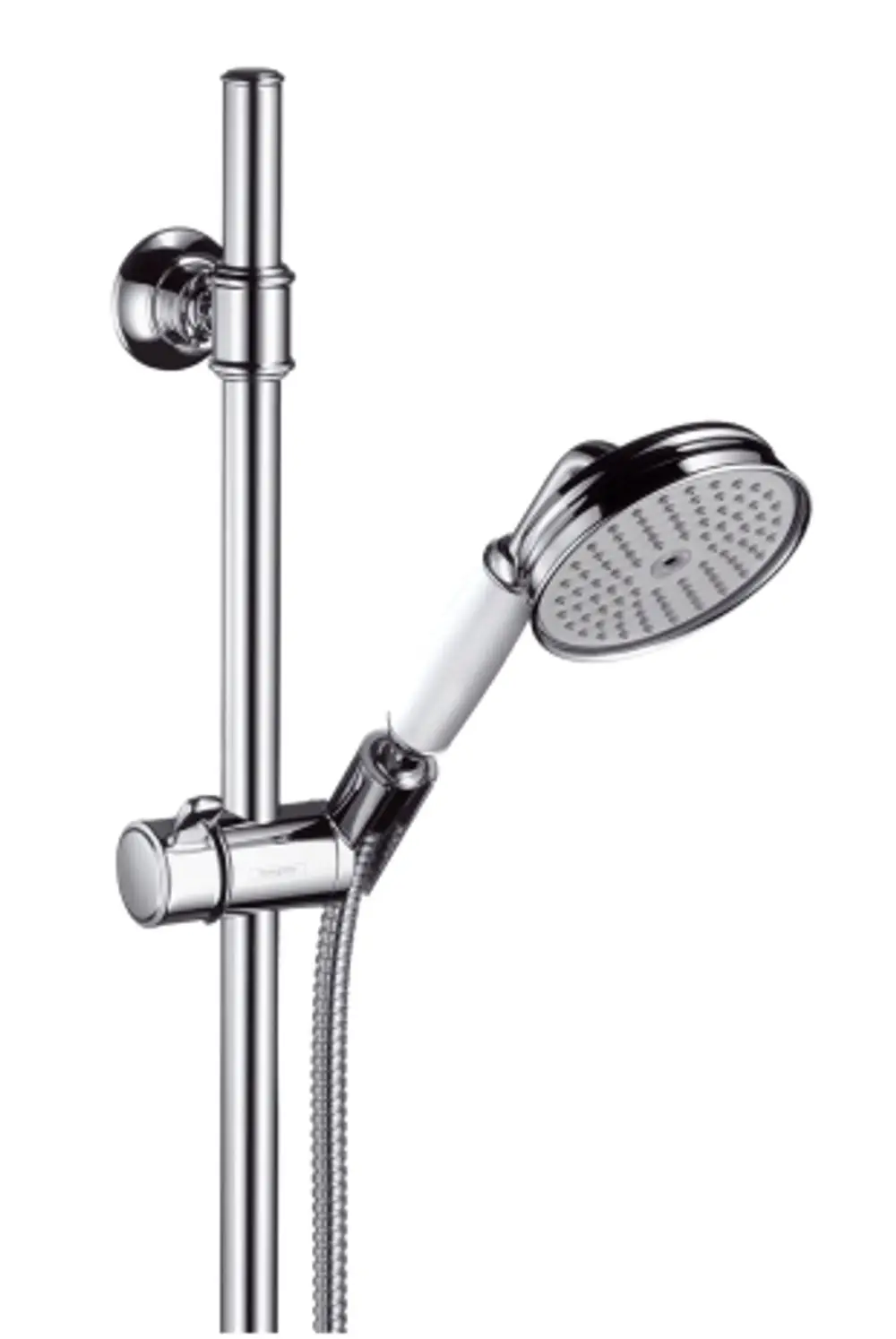 AXOR Brauseset aus verchromtem Material, bestehend aus einer Handbrause und einer Wandstange, mit flexibler Schlauchverbindung.
